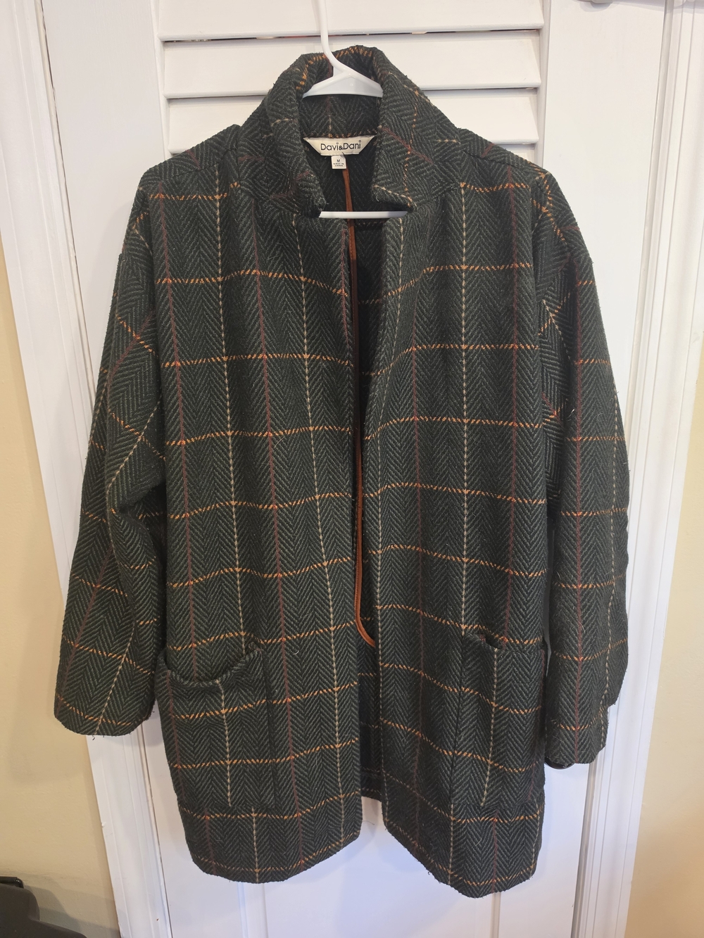 DAVI & DANI Dark Green Plaid Pea Coat with Orange Windowpane M